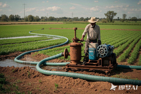 A farmer using a PVC suction hose connected to a water pump for irrigation in a large agricultural f....jpeg